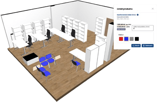 3D plánovač B2B Partner: kancelář vybavená nábytkem a panel detailu produktu